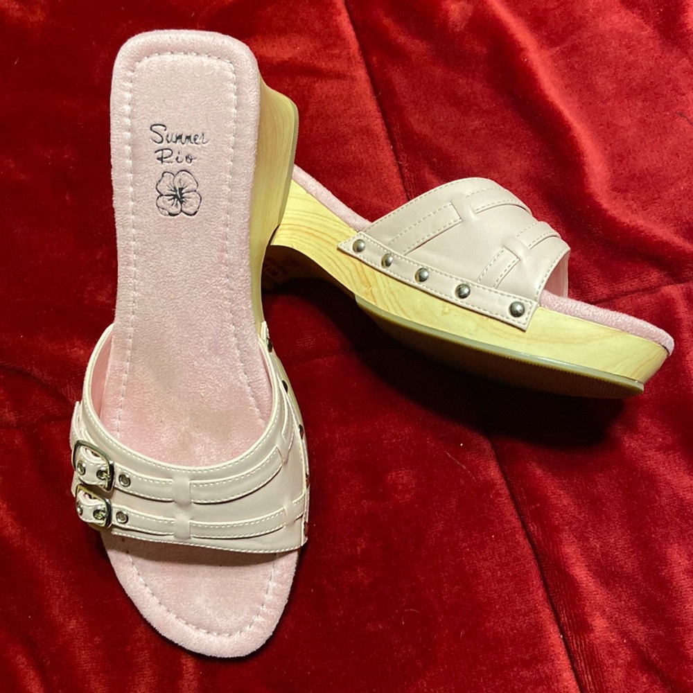 Summer Rio wedges/sandals, pink suede, worn once, 7.5, beautiful and comfortable